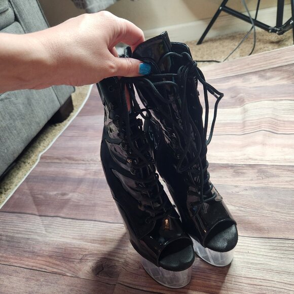 Pleaser Adore Black Clear Open Toe Lace Up platform Boots - Picture 8 of 10